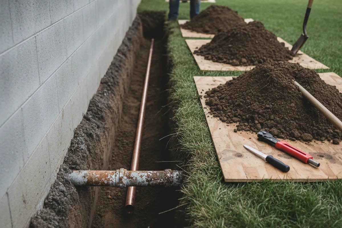 Excavated water line trench during Water Heater Repair in Sublette
